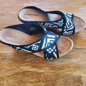 Minnetonka sandals, size 8, black and white, cork sole, slight platform